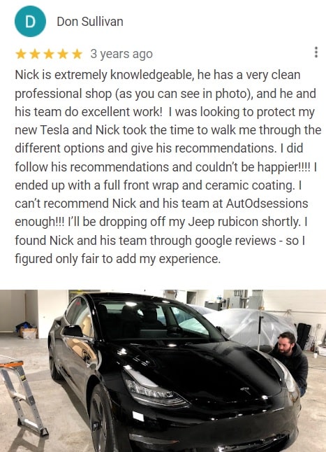 5 star Google review for front wrap Tesla